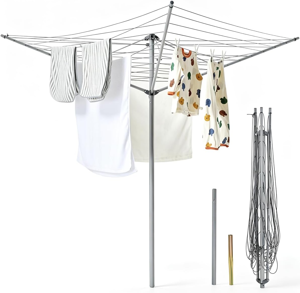 Collapsible 3-arm Rotary Outdoor Umbrella Drying Rack Metal Clothes Dryer Clothesline with 131ft Drying Space