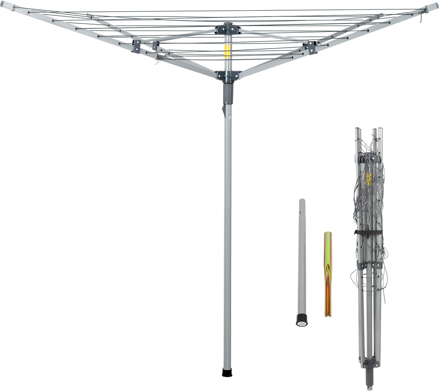 Collapsible 3-arm Rotary Outdoor Umbrella Drying Rack Metal Clothes Dryer Clothesline with 131ft Drying Space