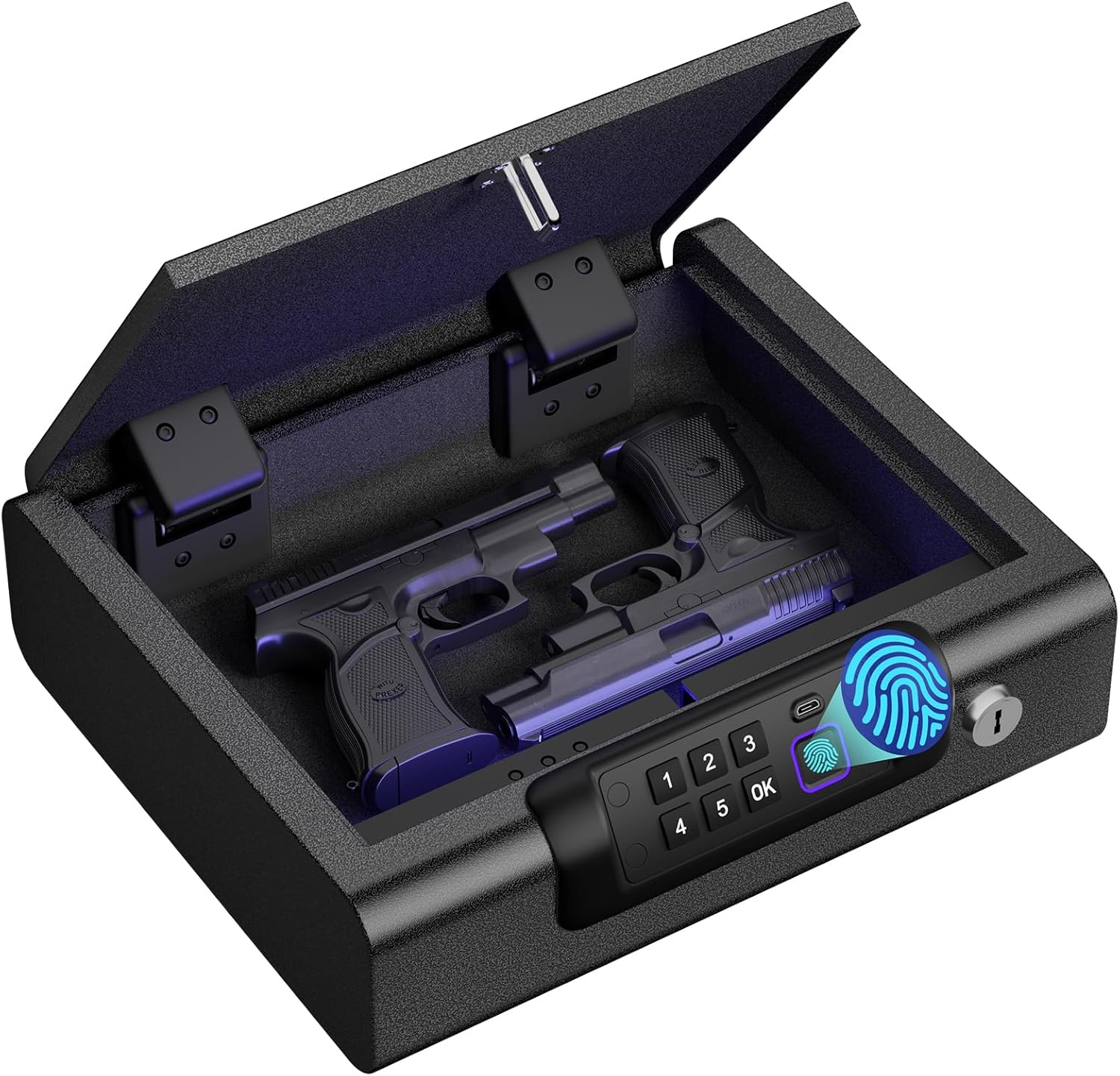 Gun Safes Biometric Gun Safe Portable Pistol Safes Electronic Lock Box Key Access with LED Light Silent Mode Bedside Gun Safe for Pistols, Gun Lock Box for Nightstand