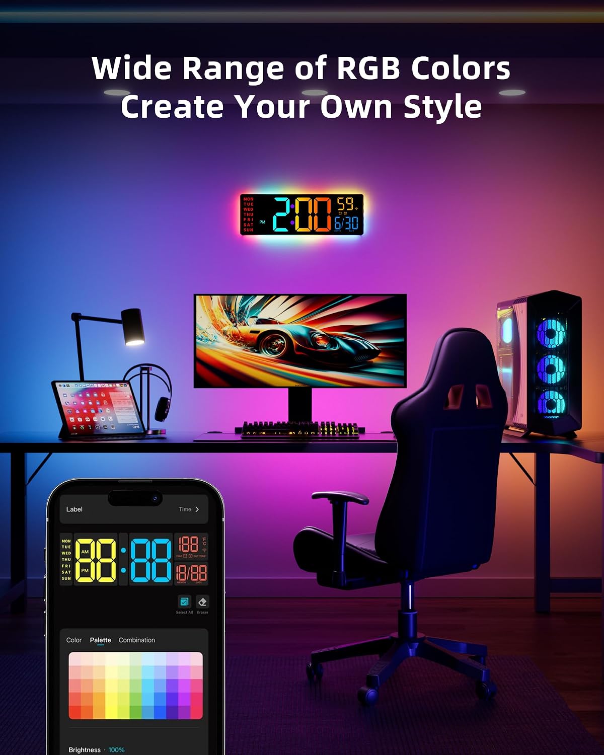 Smart Digital Wall Clock App Control, 16.5” Large RGB Clock | DIY Color, LED Display, Auto DST, Plug-In, Music Sync | Classroom Home Gym Gaming