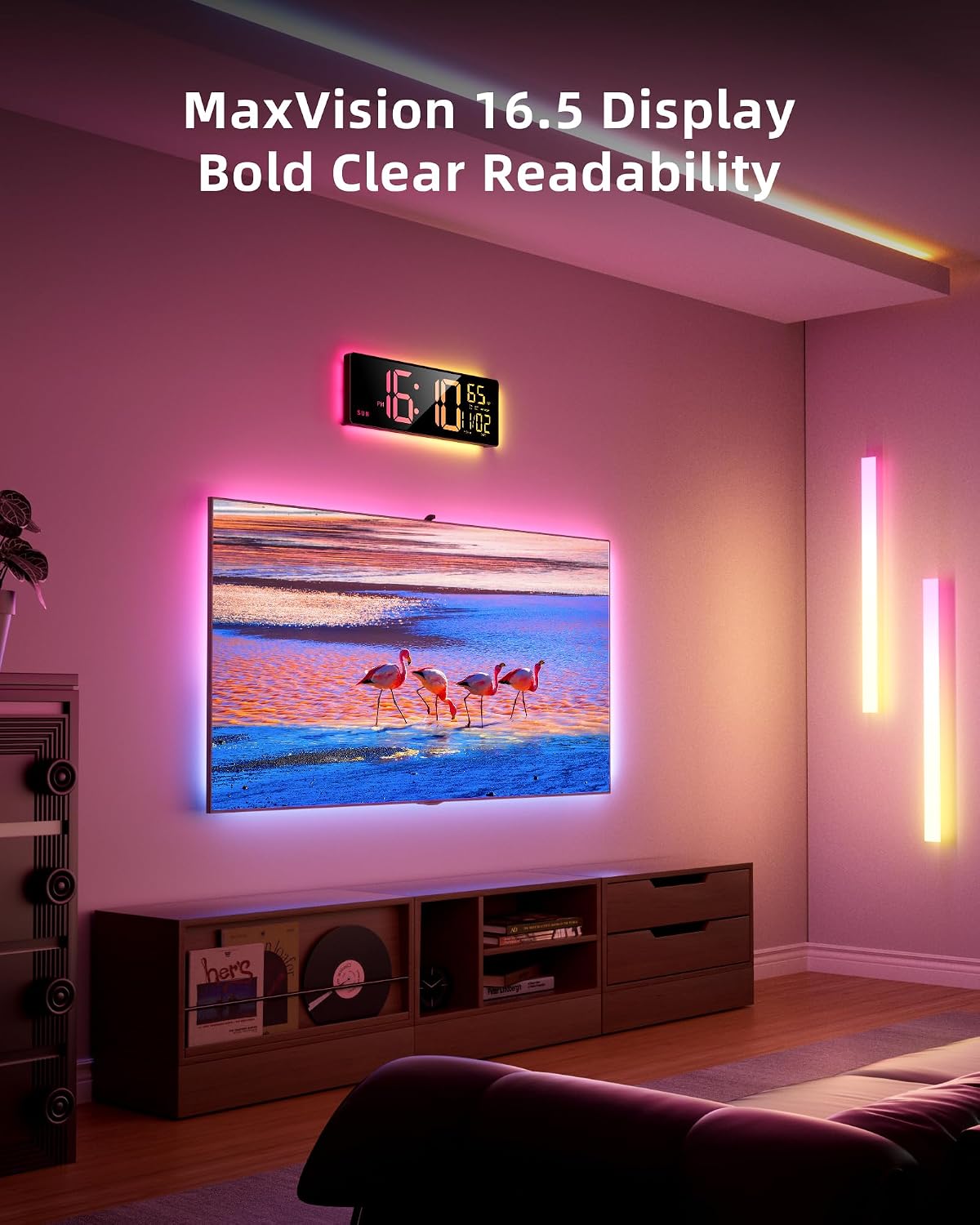Smart Digital Wall Clock App Control, 16.5” Large RGB Clock | DIY Color, LED Display, Auto DST, Plug-In, Music Sync | Classroom Home Gym Gaming