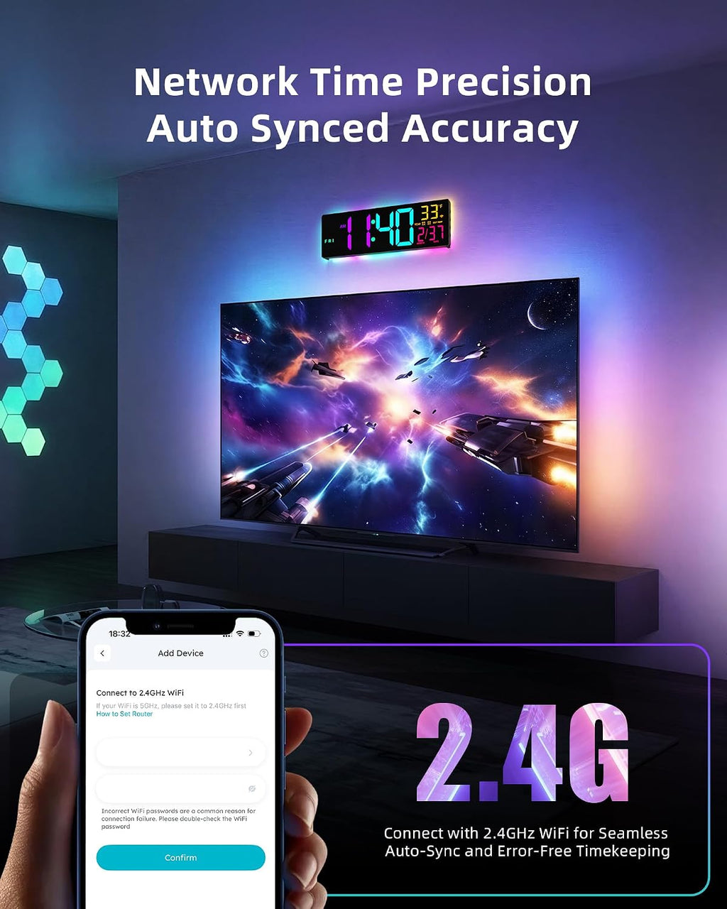 Smart Digital Wall Clock App Control, 16.5” Large RGB Clock | DIY Color, LED Display, Auto DST, Plug-In, Music Sync | Classroom Home Gym Gaming