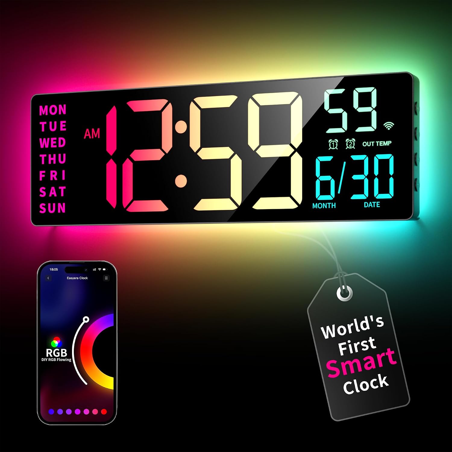 Smart Digital Wall Clock App Control, 16.5” Large RGB Clock | DIY Color, LED Display, Auto DST, Plug-In, Music Sync | Classroom Home Gym Gaming