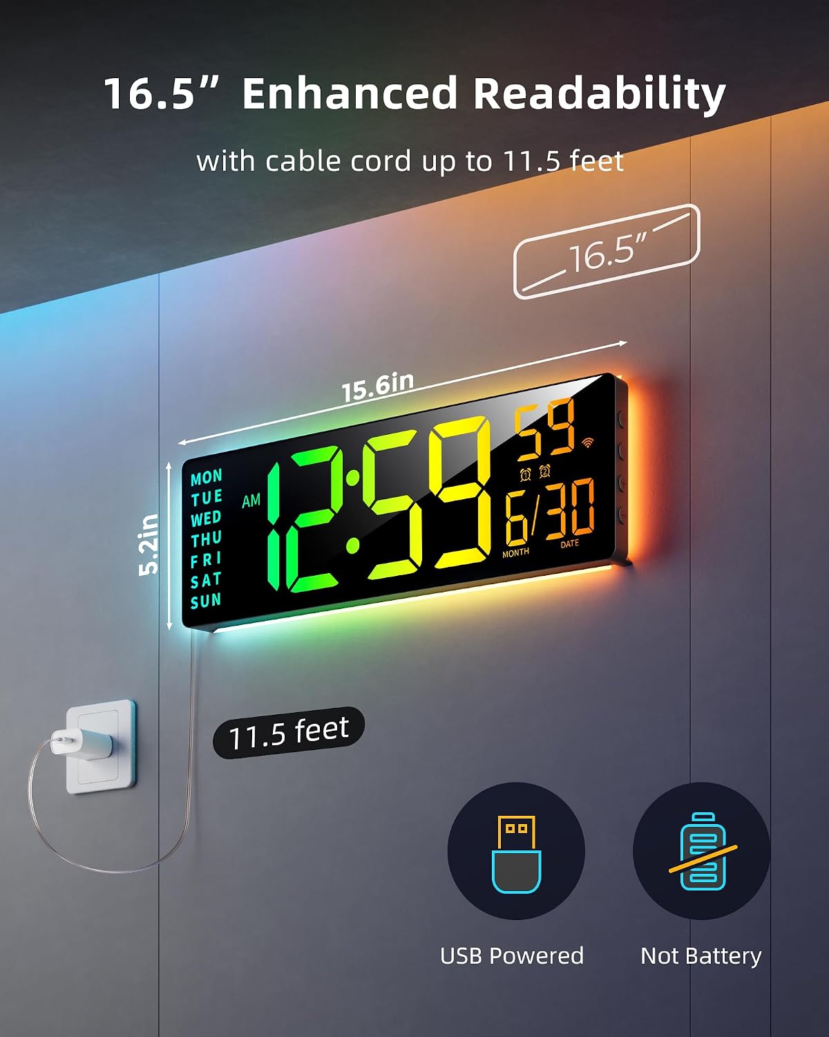 Smart Digital Wall Clock App Control, 16.5” Large RGB Clock | DIY Color, LED Display, Auto DST, Plug-In, Music Sync | Classroom Home Gym Gaming
