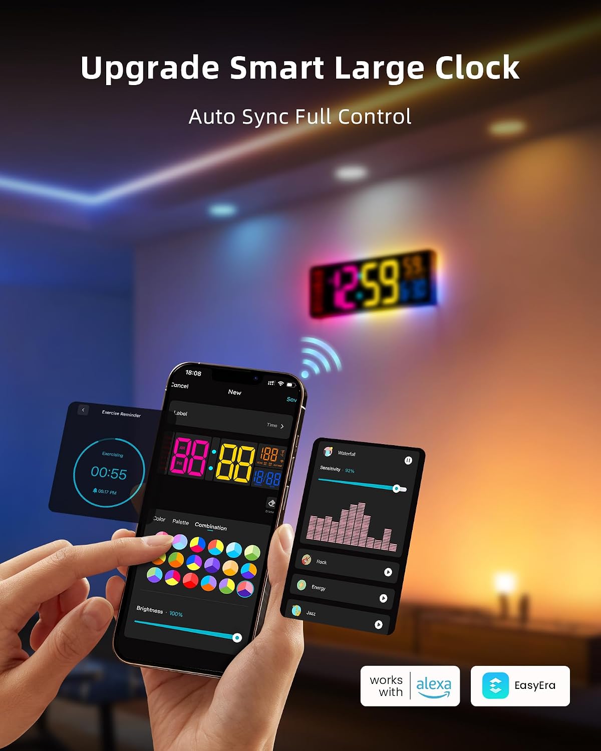 Smart Digital Wall Clock App Control, 16.5” Large RGB Clock | DIY Color, LED Display, Auto DST, Plug-In, Music Sync | Classroom Home Gym Gaming