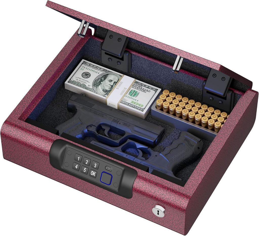 Gun Safes Biometric Gun Safe Portable Pistol Safes Electronic Lock Box Key Access with LED Light Silent Mode Bedside Gun Safe for Pistols, Gun Lock Box for Nightstand