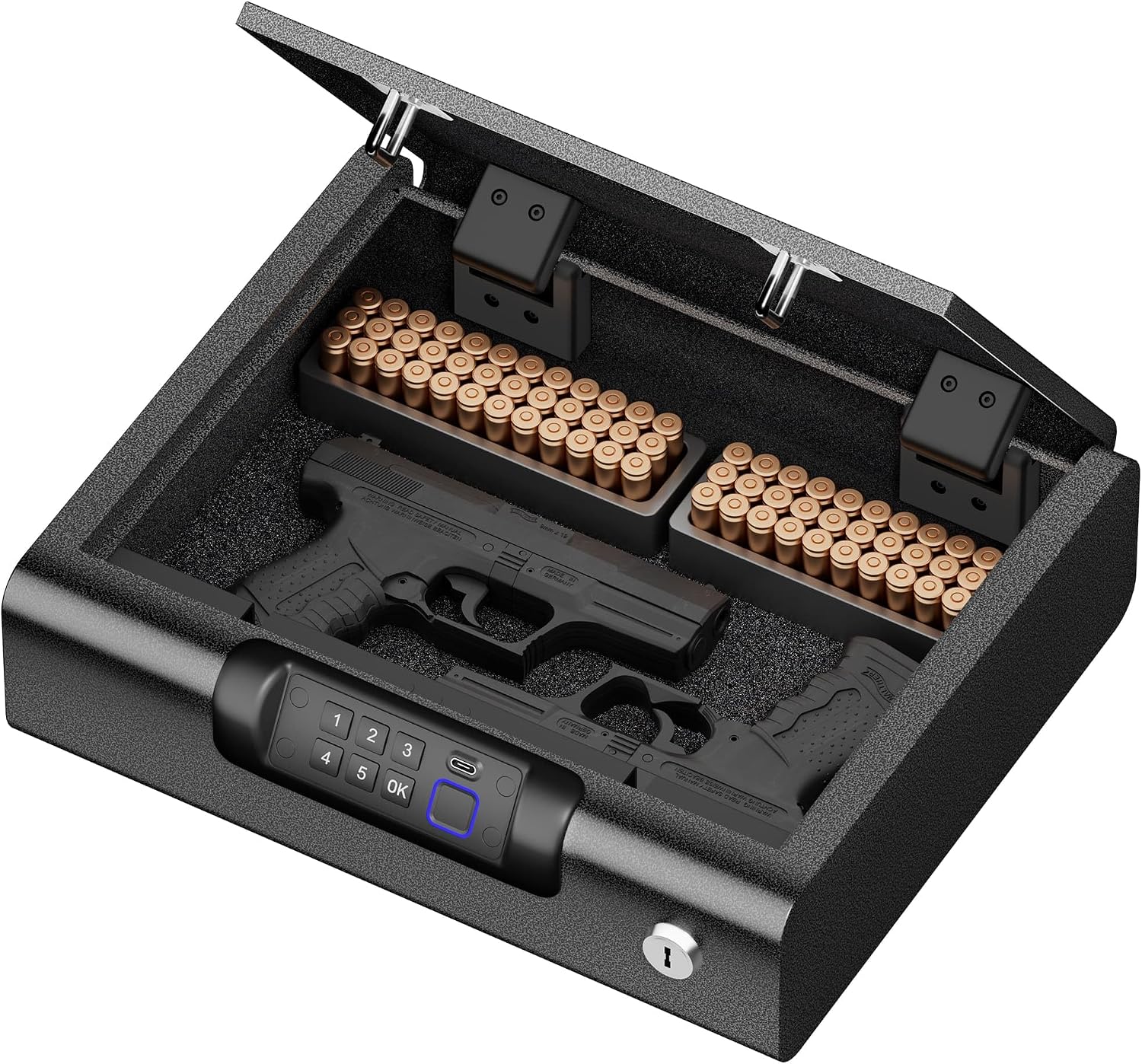 Gun Safes Biometric Gun Safe Portable Pistol Safes Electronic Lock Box Key Access with LED Light Silent Mode Bedside Gun Safe for Pistols, Gun Lock Box for Nightstand