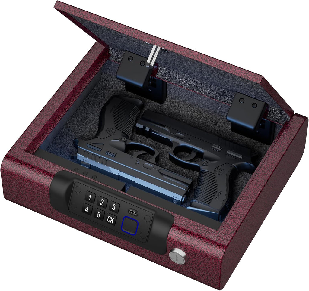 Gun Safes Biometric Gun Safe Portable Pistol Safes Electronic Lock Box Key Access with LED Light Silent Mode Bedside Gun Safe for Pistols, Gun Lock Box for Nightstand